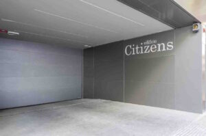 a garage with a sign on the wall